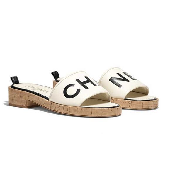 Chanel 19S Ivory Black Letter CC Logo Cork Mules Slide Sandal Flop Flat 35c - Picture 3 of 12